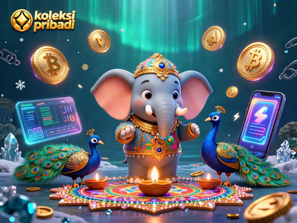 Koleksi pribadi showcases a vibrant 3D scene with a Diwali-themed elephant and peacock in a dynamic lottery setting.