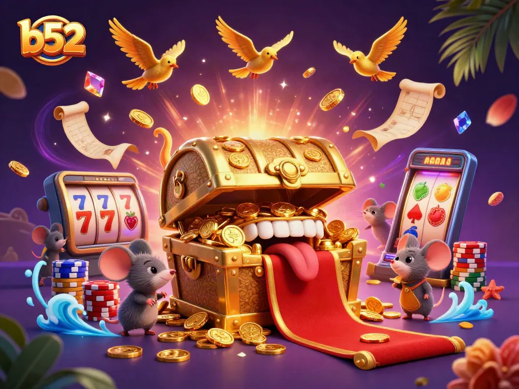 The b52 gaming adventure features a treasure chest luring adventurer mice, surrounded by colorful slot machine reels and casino symbols.