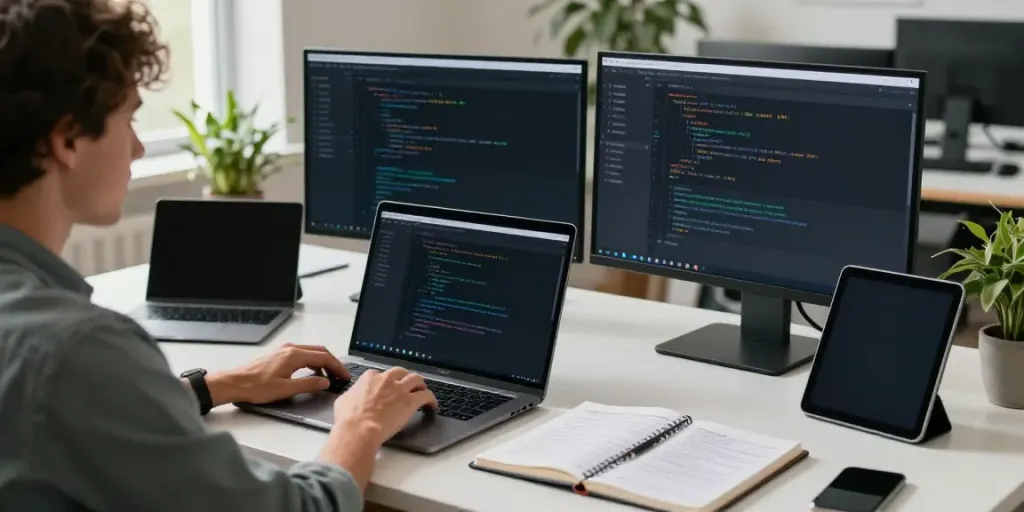 Movie Box app old version apk latest version showcased in a developer's workspace, with code and interface on monitors.
