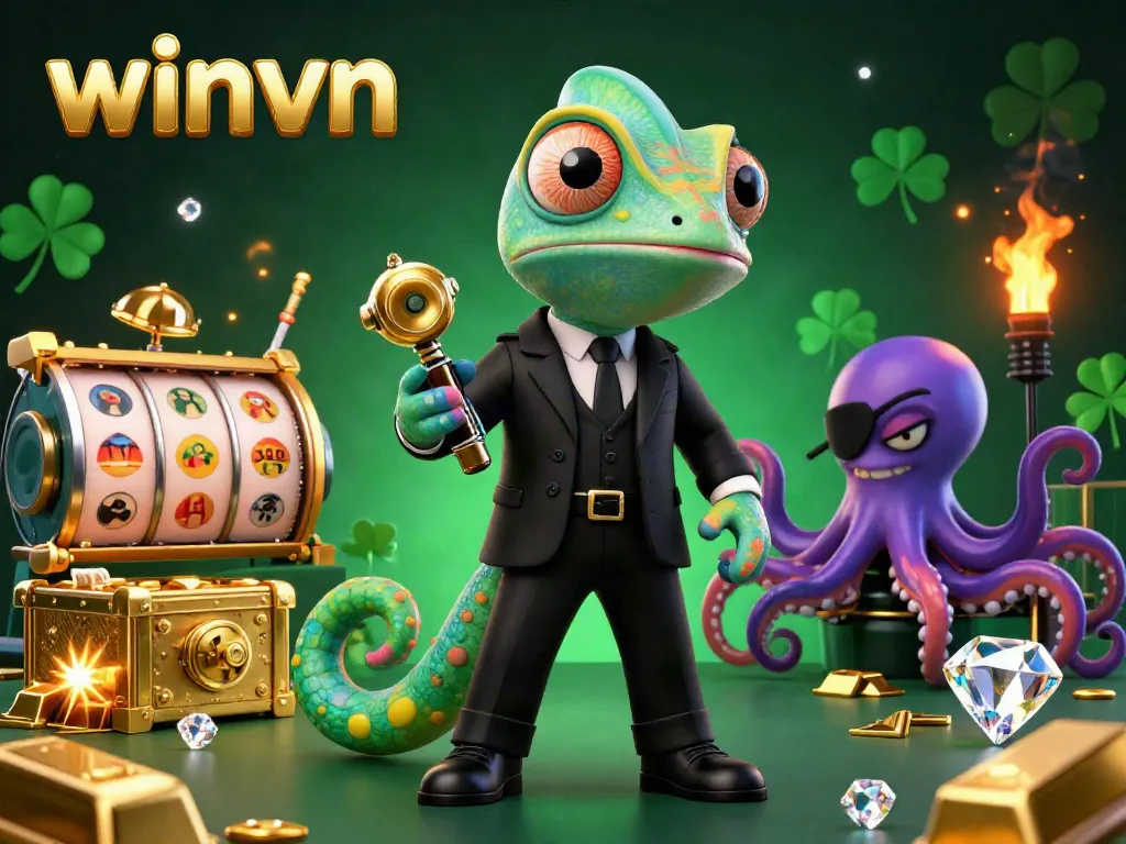 Experience thrilling gaming with winvn featuring a secret agent chameleon and rich casino elements.