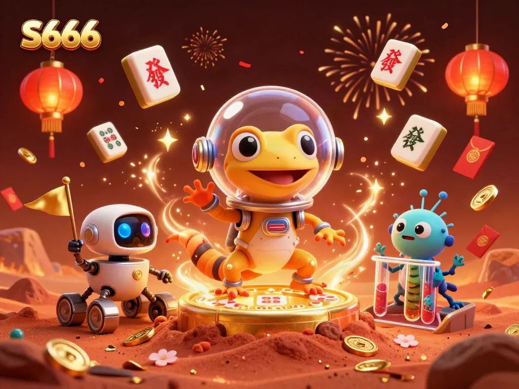 S666 celebrates a vibrant casino scene with Martian gecko, golden elements, and festive decorations.