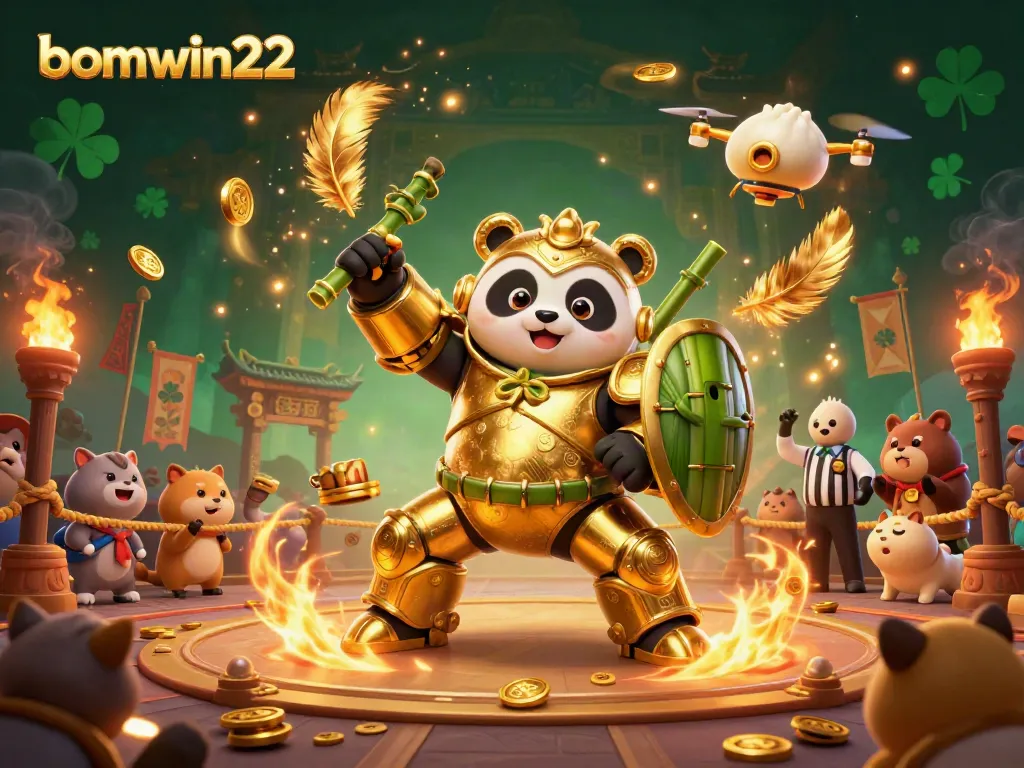 Engage in thrilling gameplay at bomwin22 with a golden panda mech robot in an exciting arena