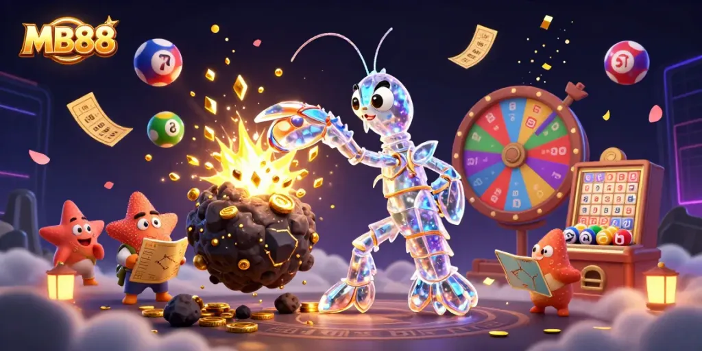 Engage with thrilling games at MB88, where a cartoon mantis shrimp explores an explosion of golden gems.