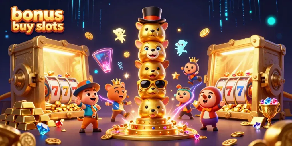 Engage with dynamic bonus buy slots in a vibrant casino scene featuring golden elements and colorful animations.