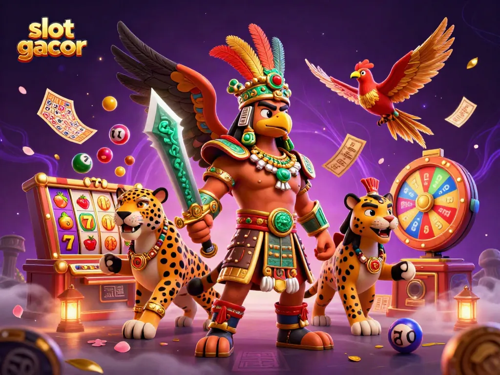 Engage in slot gacor excitement with colorful slot reels, Aztec warriors, and dynamic elements.