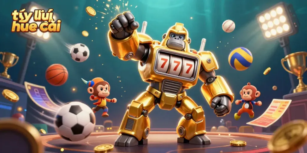 Dynamic scene showcasing the tỷ lệ nhà cái with a golden gorilla mech surrounded by sports balls and betting elements.