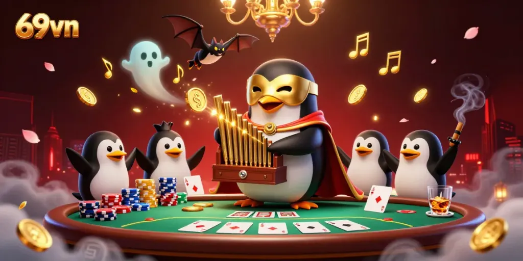 Experience thrilling gaming at 69vn with a dynamic 3D illustration of a casino scene filled with lively characters.