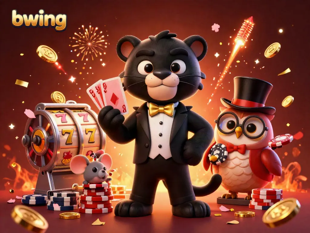 Experience thrilling action with bwing in a vibrant 3D casino scene featuring animated characters and slot games.