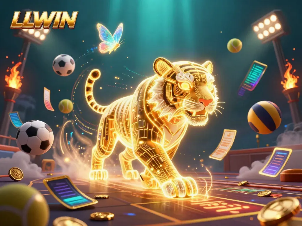 Experience thrilling gameplay at LLWIN casino with a vibrant 3D casino scene featuring sports elements and a glowing tiger.