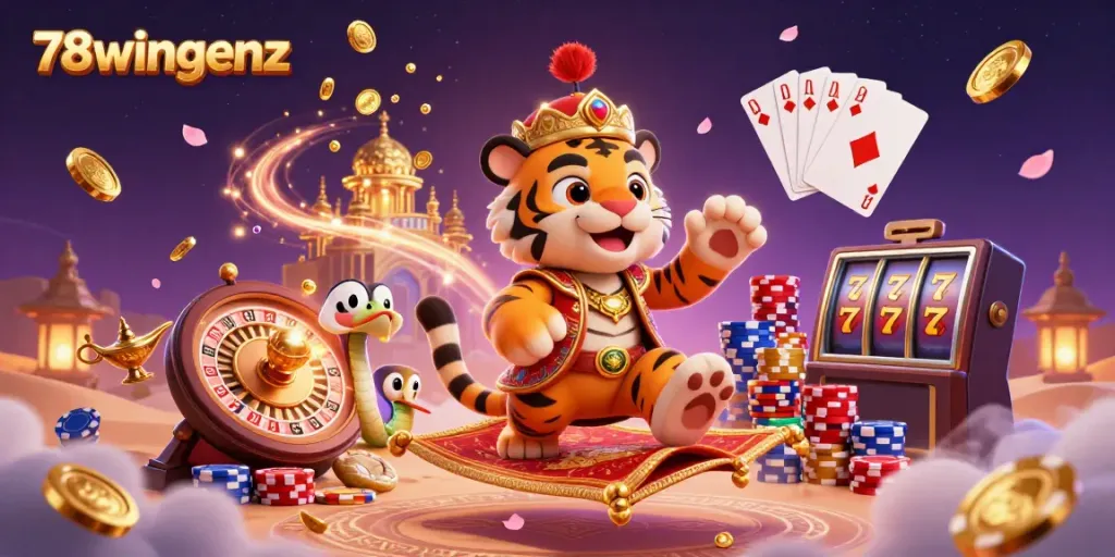 Experience thrilling gaming excitement at 78wingenz with a dynamic scene of a sultan on a flying carpet.