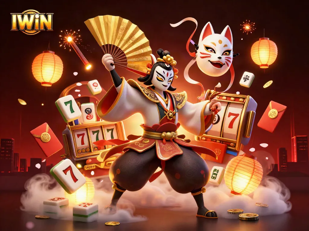 IWIN: Engaging 3D illustration portraying kabuki warrior and kitsune amidst dynamic casino games.