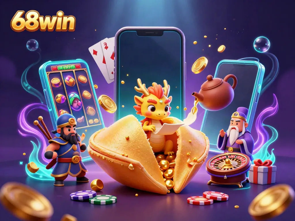 Experience the excitement of gambling with a vibrant 68win scene featuring a golden fortune cookie and casino elements.