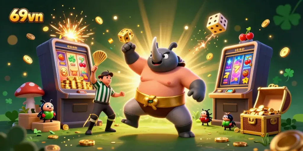 Experience thrilling wins at 69vn with a dynamic casino scene featuring vibrant characters and exciting games.