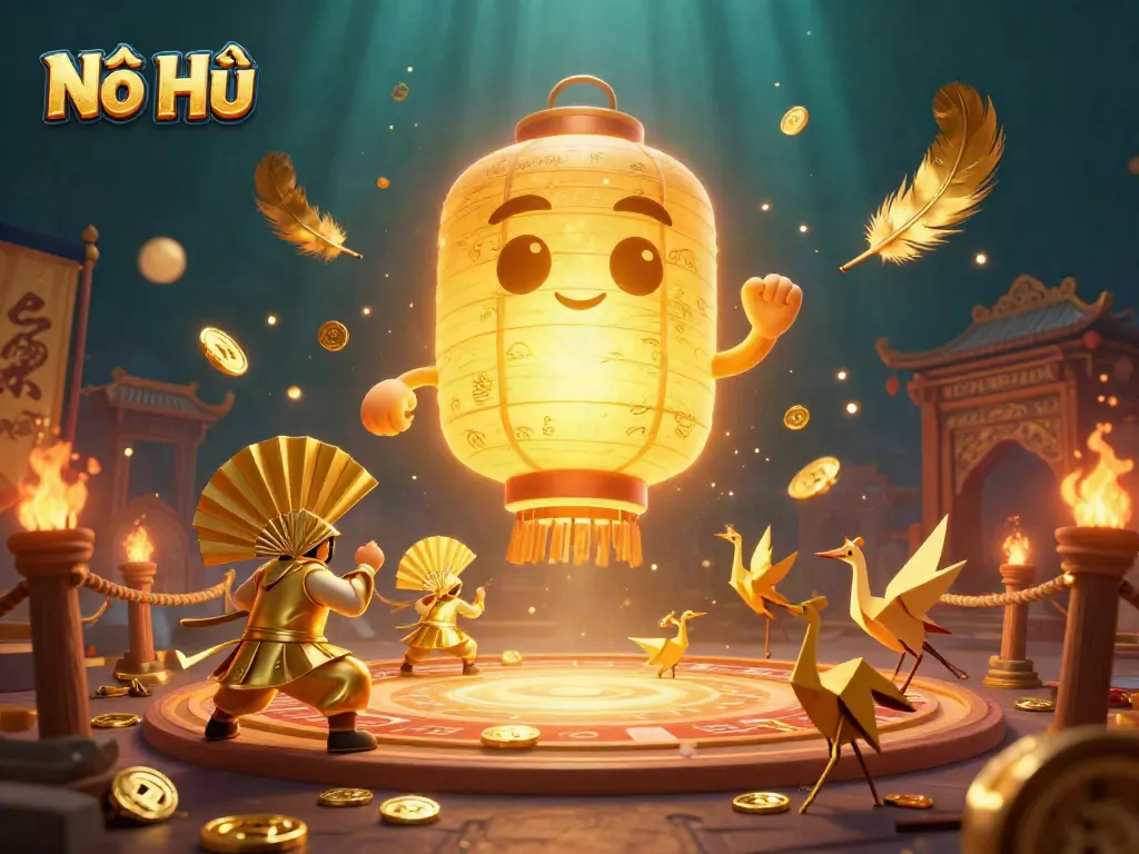 Engage in Nổ Hũ adventure with glowing lantern spirits and golden fan warriors amidst a dramatic casino scene.