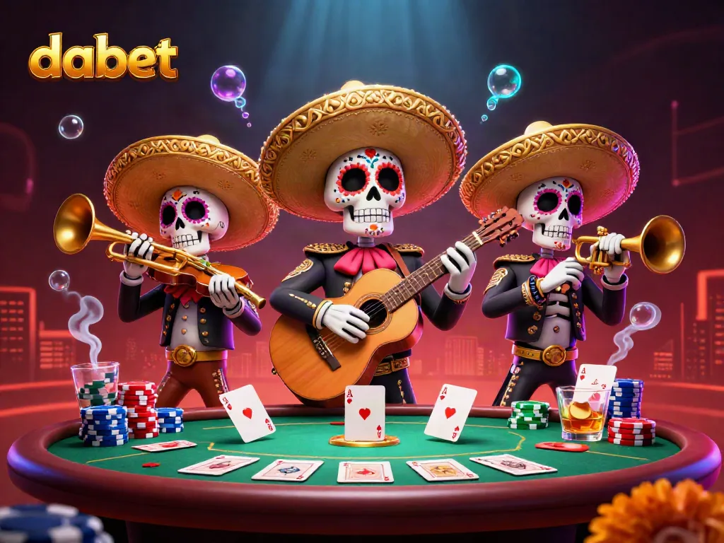 Dabet showcases a vibrant 3D mariachi scene with poker elements, enhancing the online gaming experience.