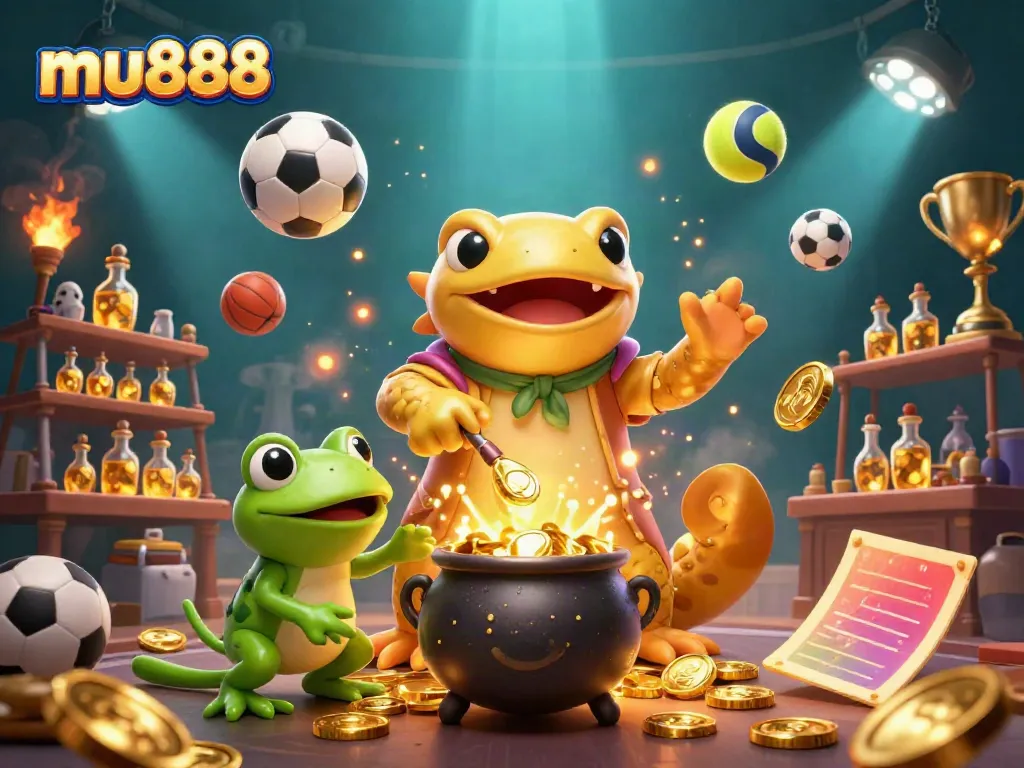 Engage with mu888's immersive betting experience featuring a golden salamander alchemist and vibrant sports elements.