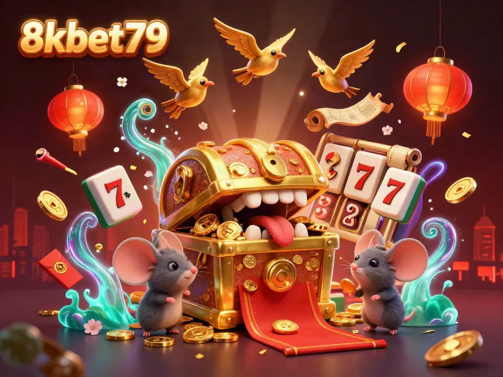 Engage with the vibrant world of 8xbet79 in this ultra-detailed 3D casino illustration featuring treasures and adventures.