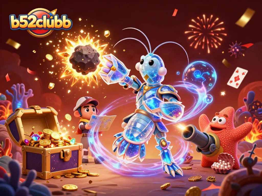 B52Clubb showcases an explosive scene of a galactic samurai mantis shrimp amid treasure and casino elements for gamblers.