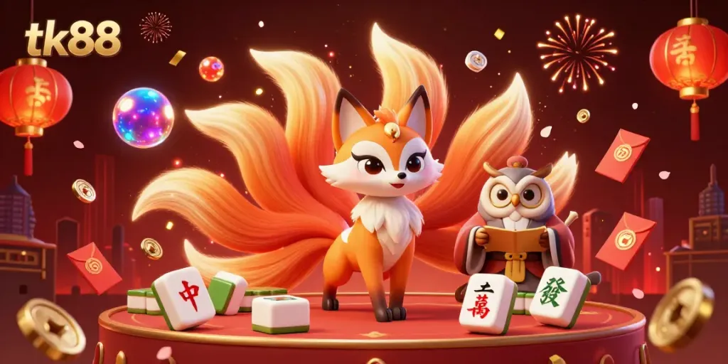 Engage with tk88's vibrant casino scene, featuring a magical nine-tailed fox and owl sage amidst dynamic gambling elements.