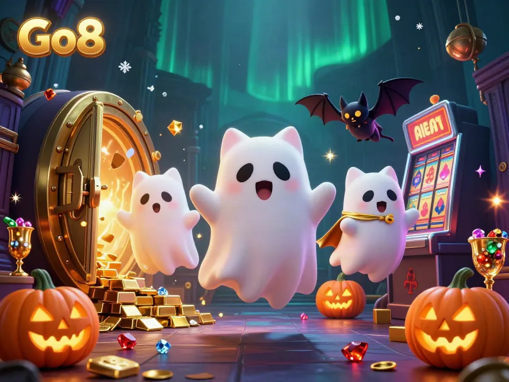 Engage in thrilling slots at Go8 with an enchanting haunted casino scene filled with treasures.