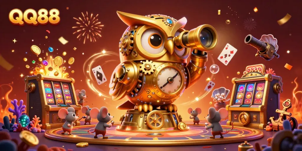 Experience the excitement of QQ88 with a dynamic illustration of a golden owl and scurrying mice on a casino floor.