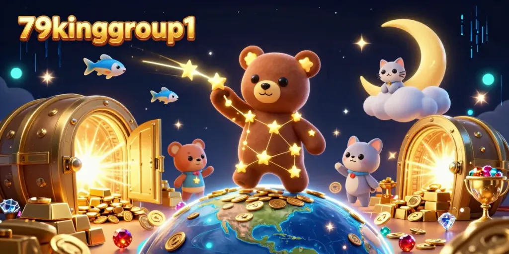 Engage with 79kinggroup1 through a vibrant 3D casino illustration showcasing golden treasures and a constellation bear.