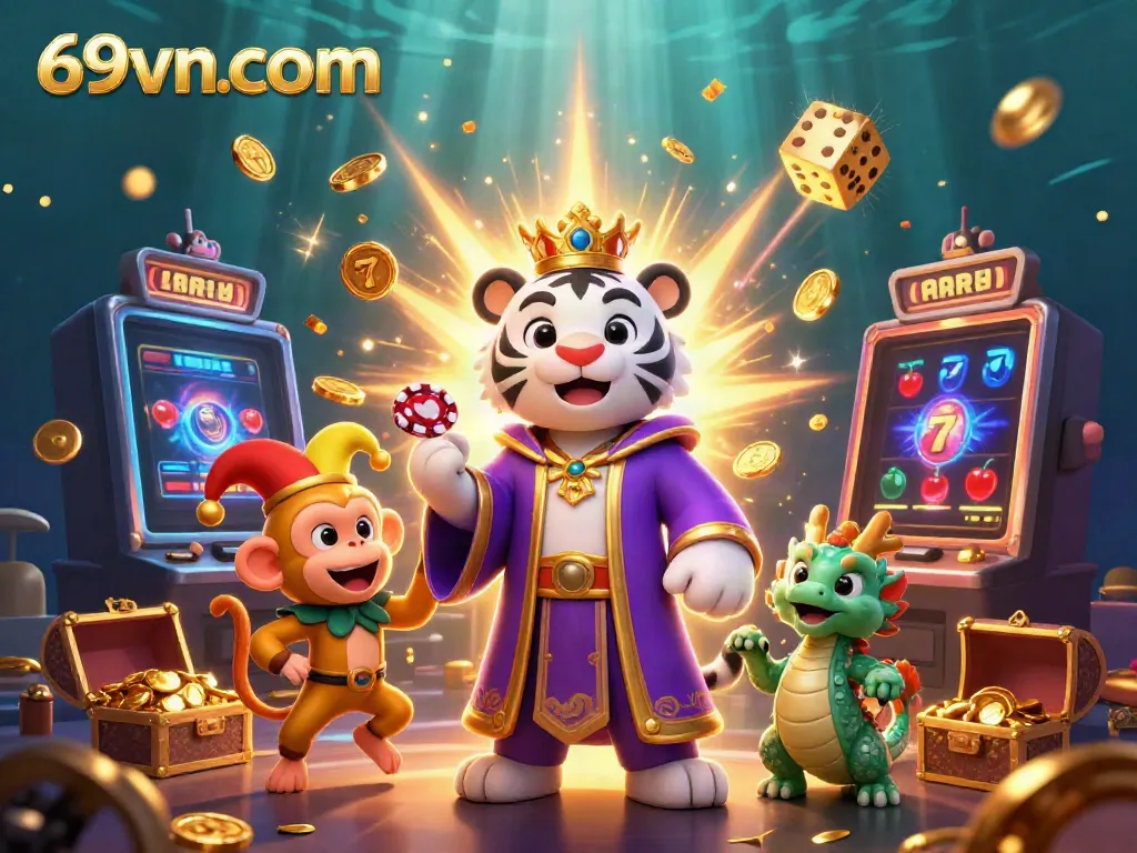 Join the excitement at 69vncom with a vibrant scene showcasing slot machines and casino fun.