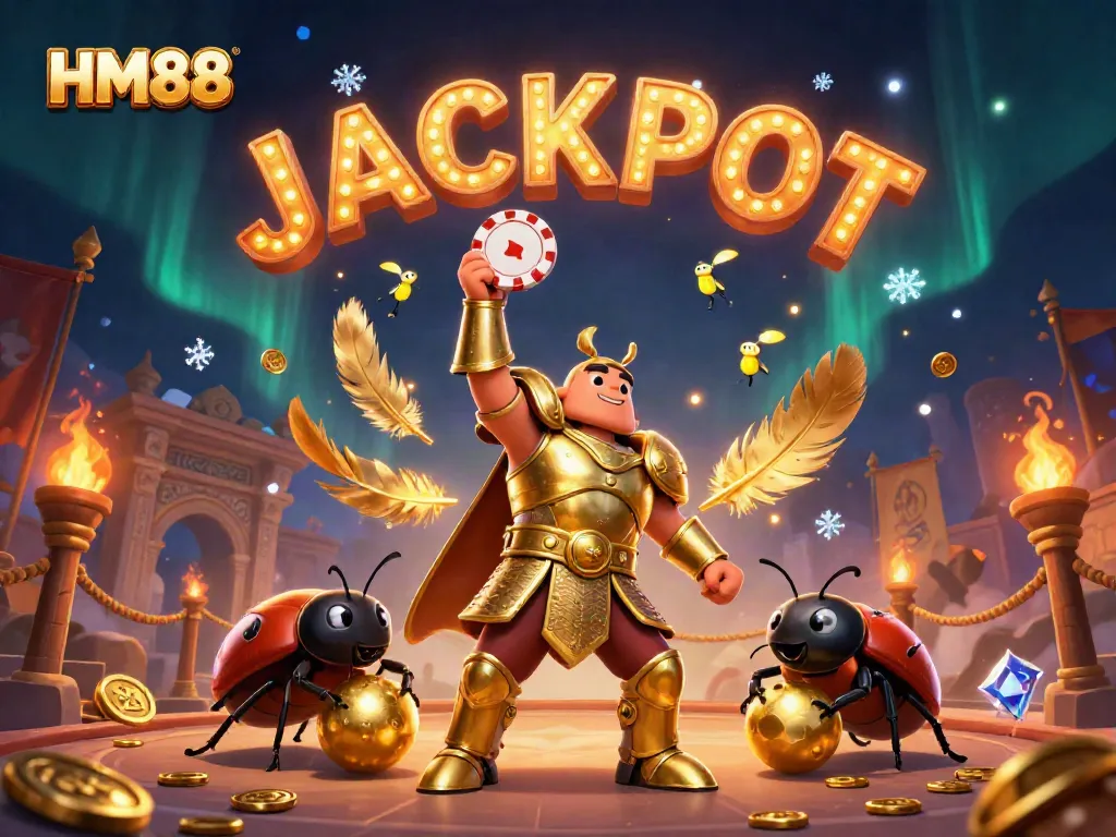 HM88 showcases a victorious beetle hero in a vibrant casino-themed scene, celebrating a jackpot.