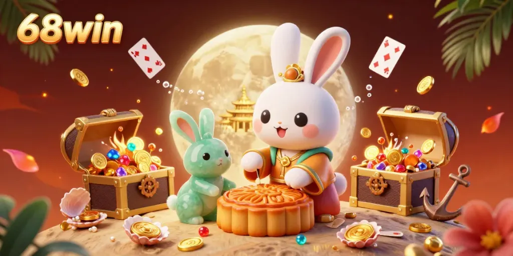Engage in thrilling gameplay at 68win with our 3D rabbit scene featuring lucky poker chips and festive elements.