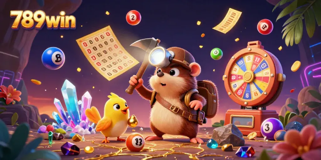 Engage in winning strategies with 789win as the treasure hunter mole explores a cave of gems and colorful lottery elements.