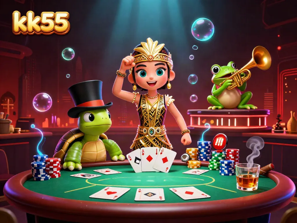 Experience thrilling casino action with kk55 characters at a lively speakeasy, enjoying poker games and vibrant atmosphere.