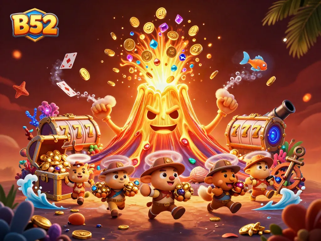 Experience thrilling B52 gameplay as the golden volcano erupts with treasure, symbolizing big wins at the casino.