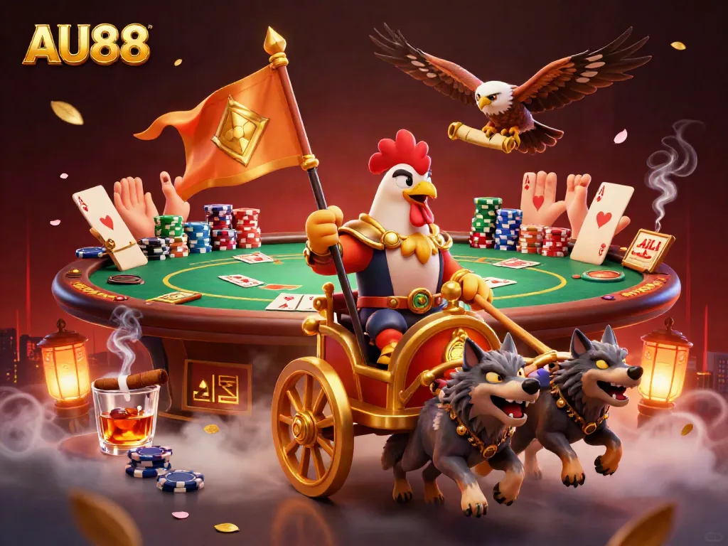 Engaging AU88 casino scene featuring a rooster warlord in a chariot, poker elements, and dynamic atmosphere.