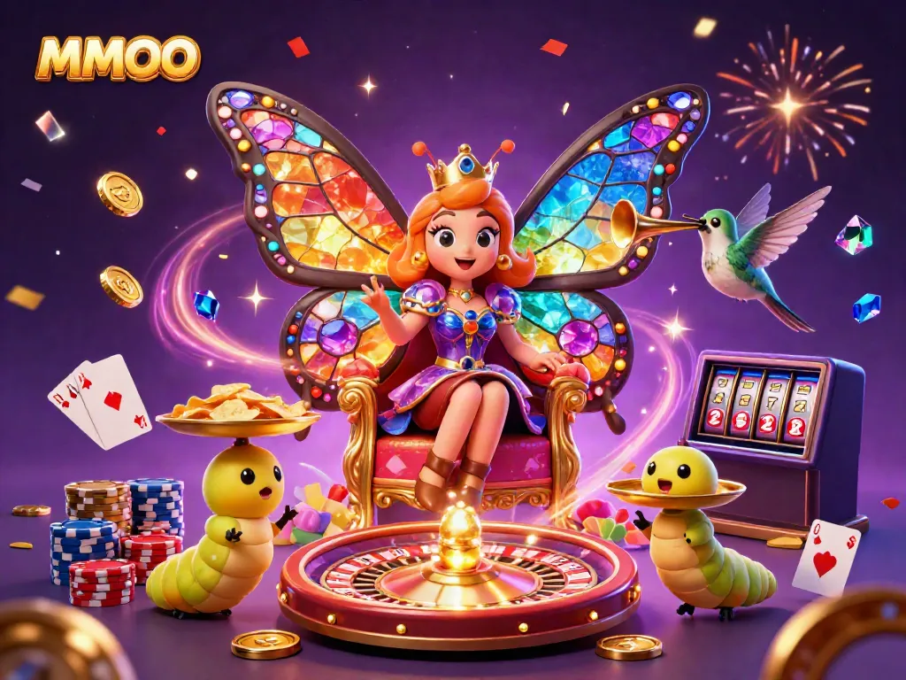 Experience MMOO magic with a colorful butterfly queen in a vibrant casino setting.