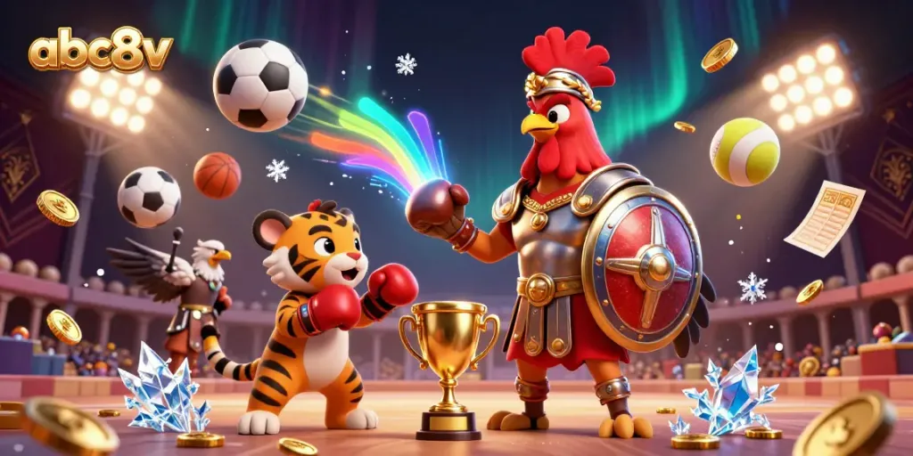 Experience high-energy betting action at abc8v with a dynamic colosseum scene featuring sports elements and engaging characters.