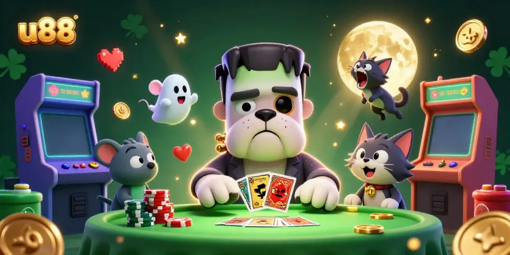 Engaging u88 casino scene featuring a Frankenstein bulldog dealer and colorful gaming elements.