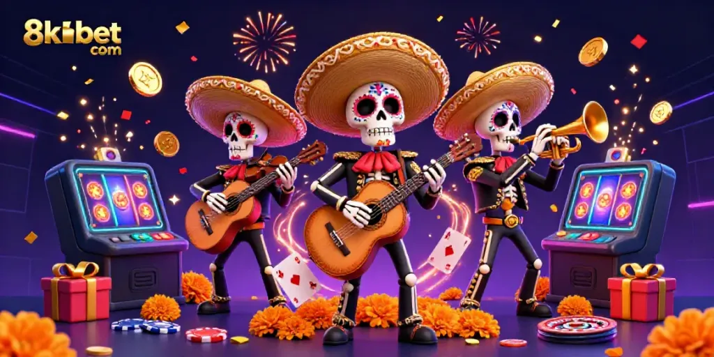 Experience the festive energy of 8xbet com with colorful mariachi skeletons and dynamic casino elements.