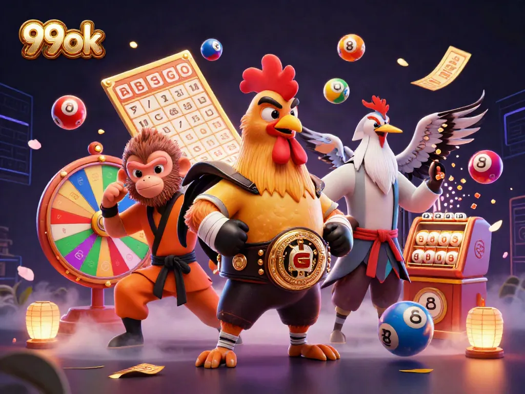 Engage in the exciting atmosphere of 99ok with vibrant lottery elements and martial artist characters in action.
