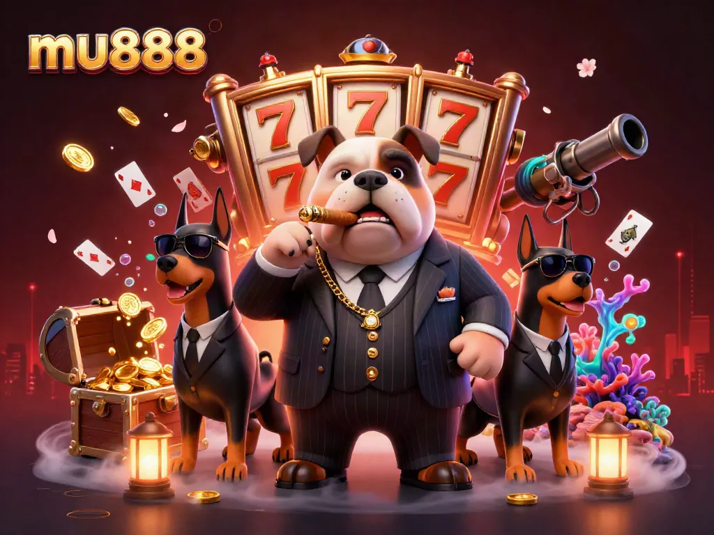 Experience thrilling action at mu888 with a bulldog mafia boss and Doberman bodyguards amidst vibrant casino elements.