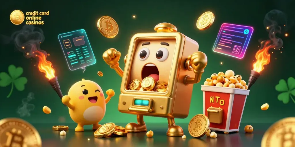 Experience the excitement of credit card online casinos with a golden slot machine hitting jackpots!
