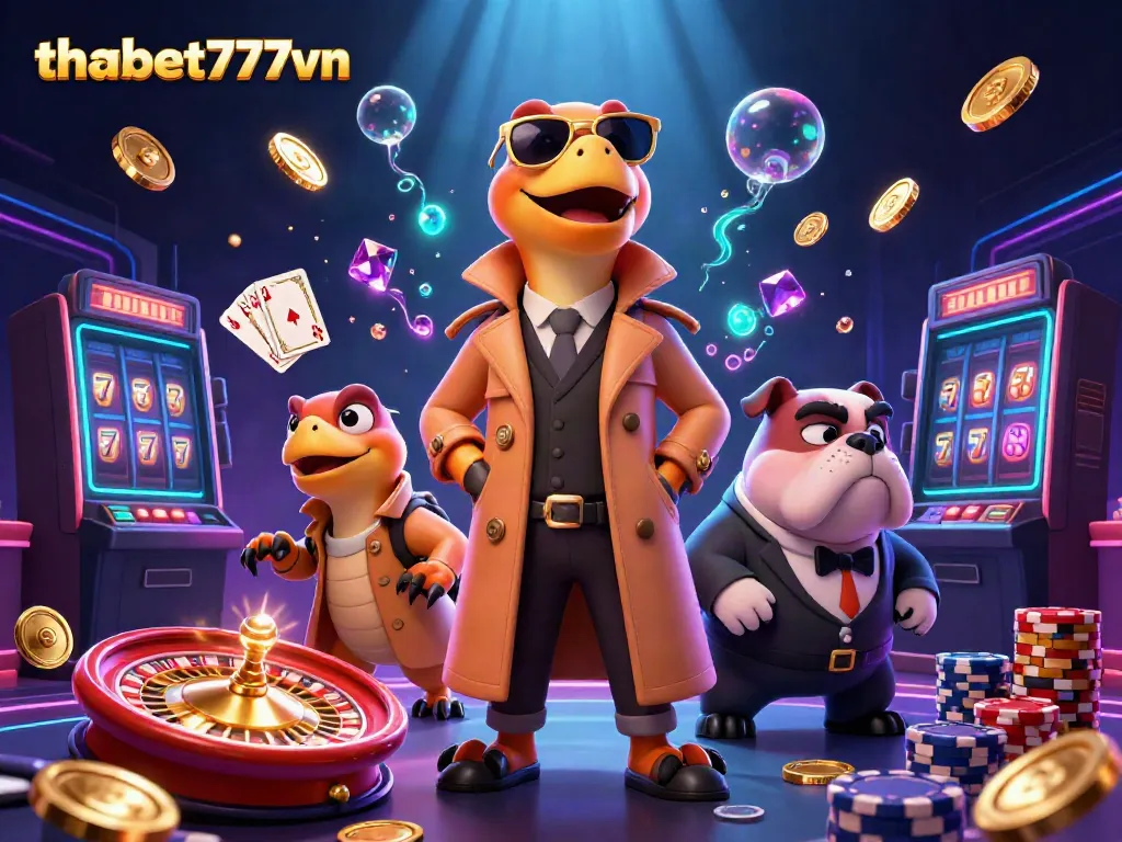Engage with thabet777vn's thrilling gaming scene featuring raptors in a trench coat at a VIP casino lounge.