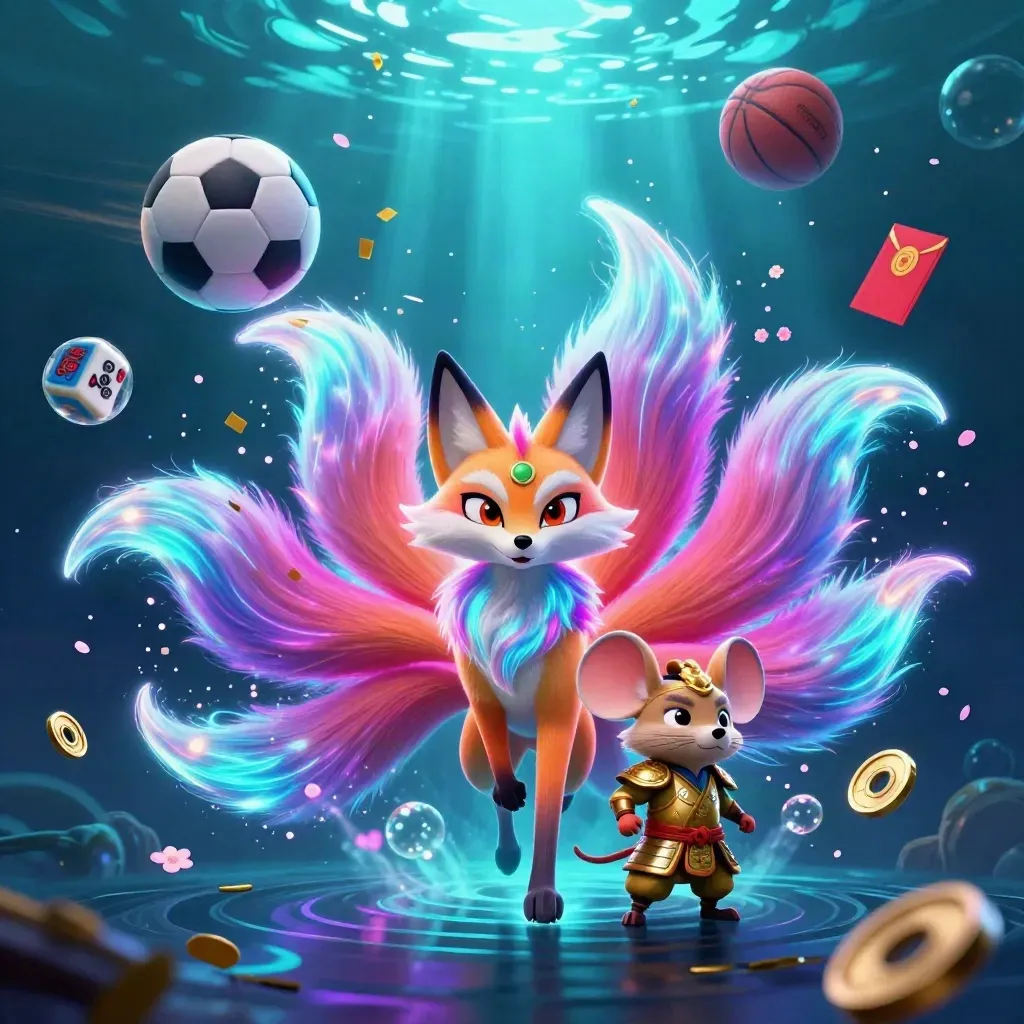 Neon fox spirit, armored mouse, sports balls, and casino charms in glowing underwater action.
