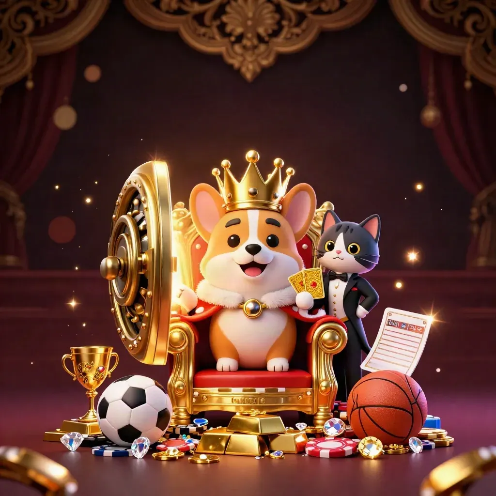 Crowned corgi and cat butler on chip throne with vault glow, gold, gems, sports props