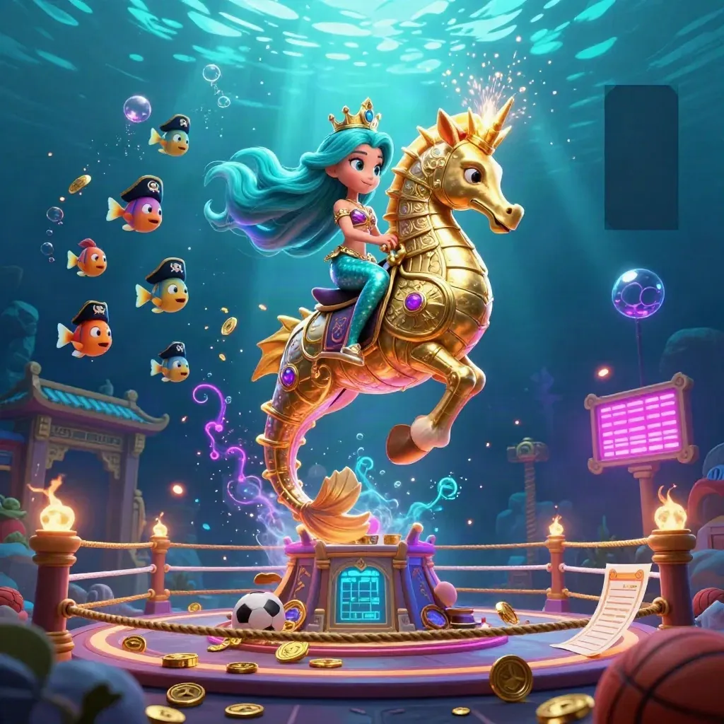Mermaid princess on a golden seahorse, fish pirates, temple gate, and casino sports props underwater