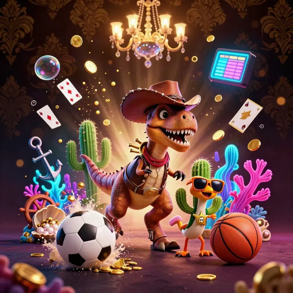 Cartoon cowboy T-Rex, cactus and roadrunner amid casino treasure, gold light and neon