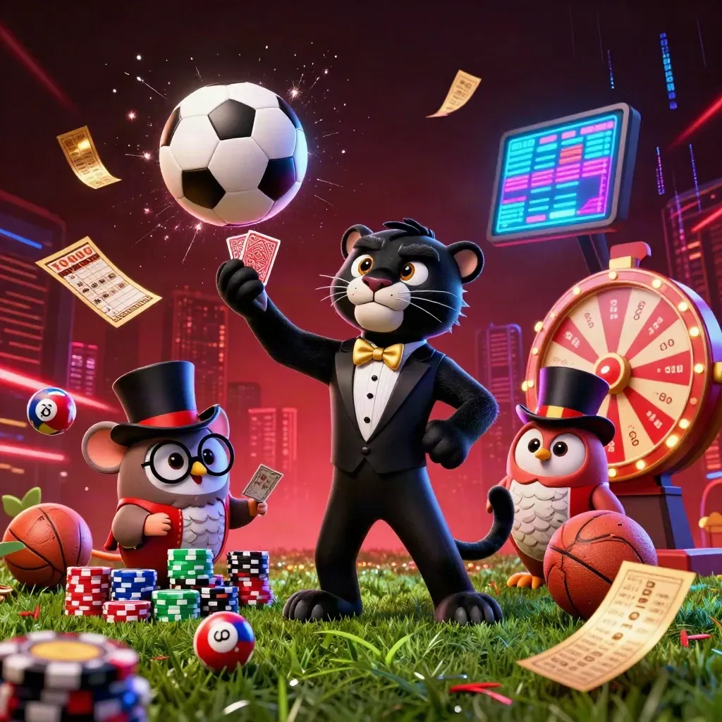 Panther, owl, and mouse amid a frozen soccer blast, chips, neon streaks, and casino effects