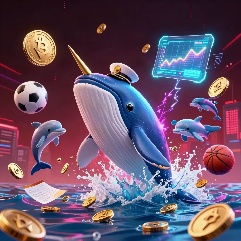 Cartoon whale, narwhal and dolphins burst through coins with neon casino energy