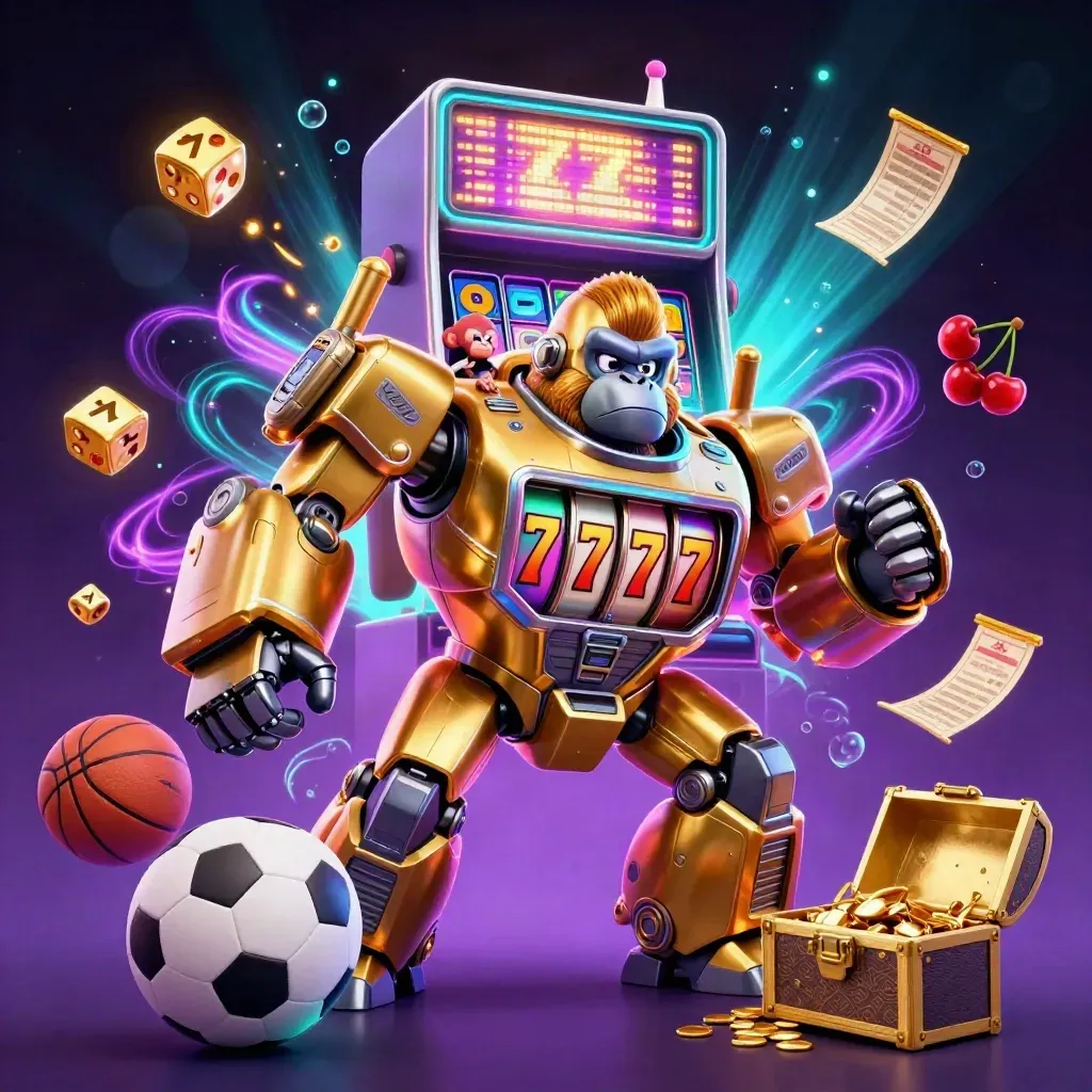 Golden gorilla mech bursts from a slot machine as sports balls and gold fly in neon light.