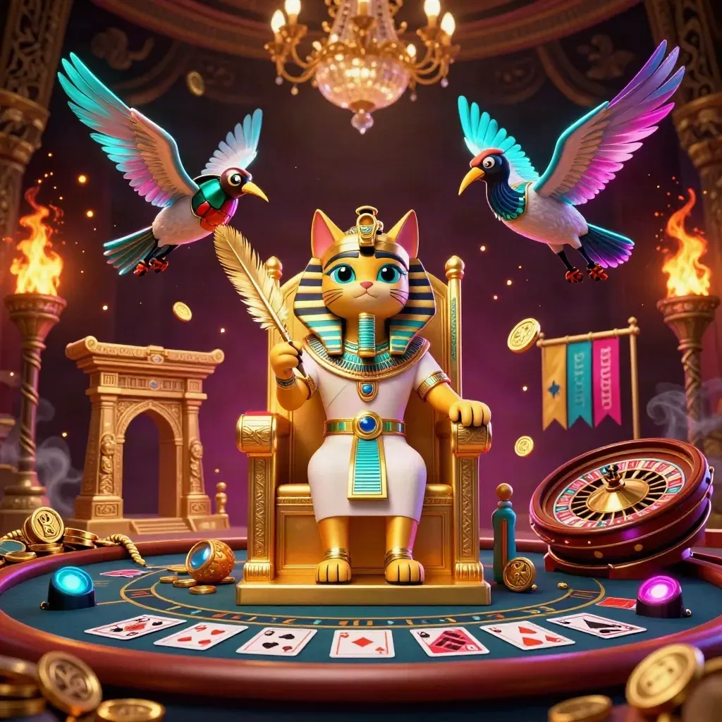 Pharaoh cat, ibis scribe, and gem-wing scarabs in a luxe neon casino room.