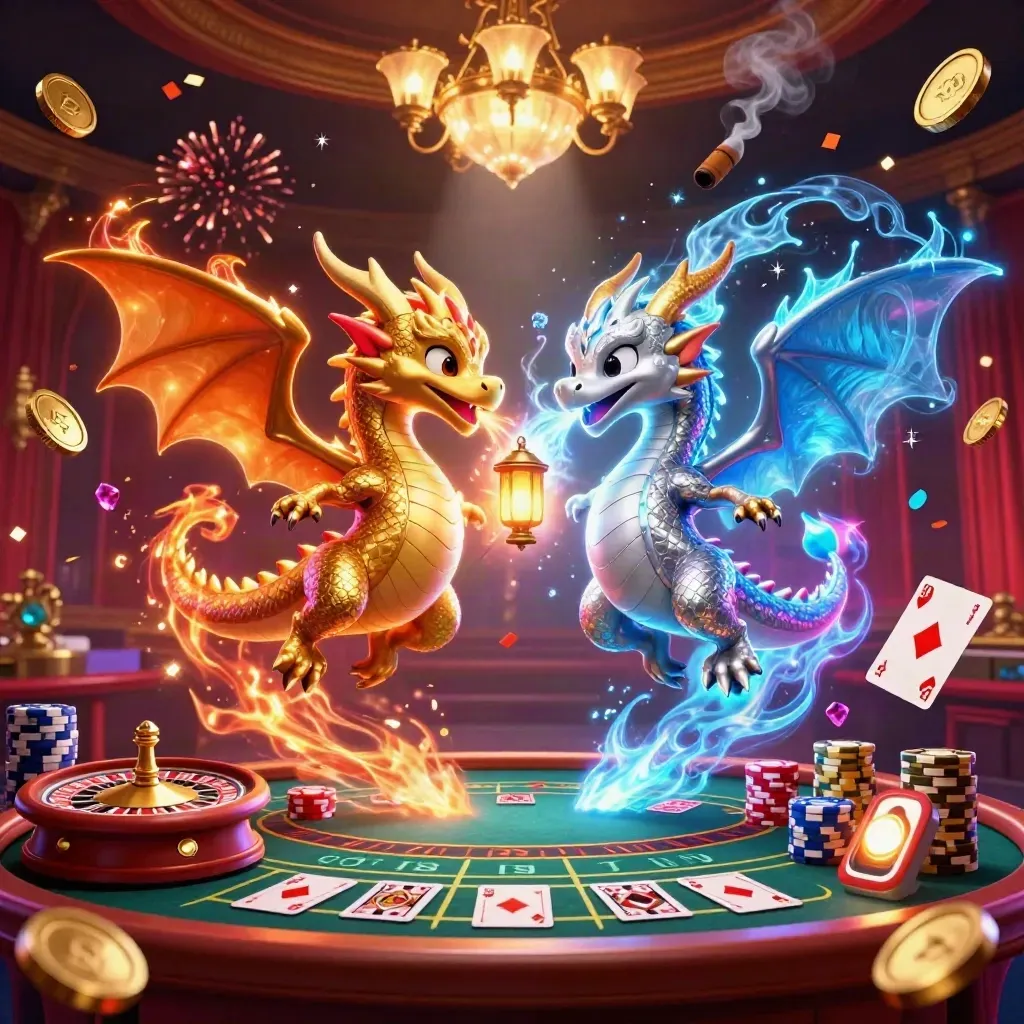 Gold and silver dragons clash in a casino room with coins, gems, cards, chips, and glowing lights.
